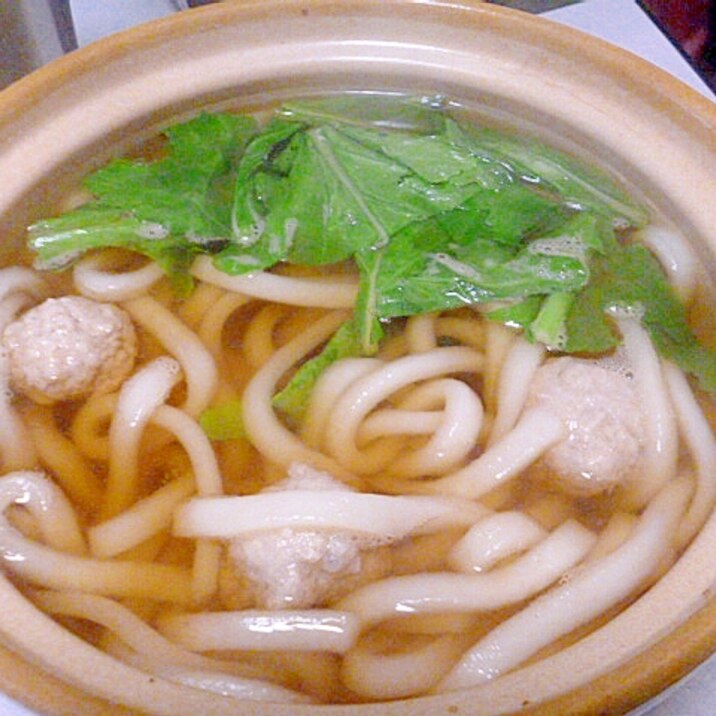 土鍋で簡単♪肉団子と大根の葉の鍋焼きうどん